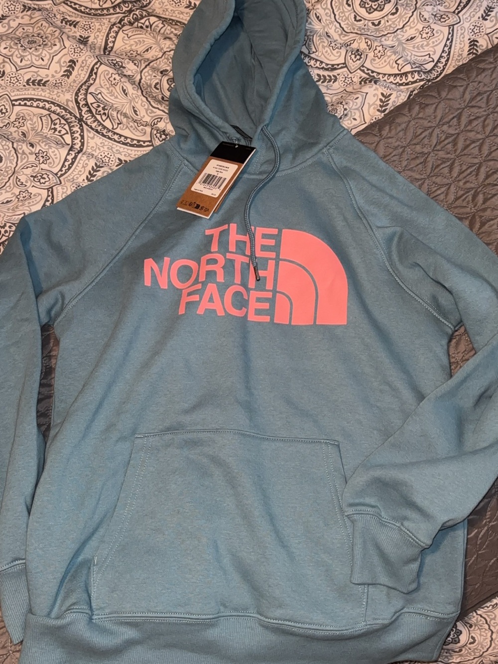 The North Face Dusty Blue Hoodie with Pink Logo